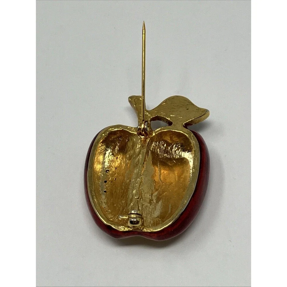Apple Pin Brooch Pave Set Rhinestones Crystals Enamel Red Delicious Teacher Gift